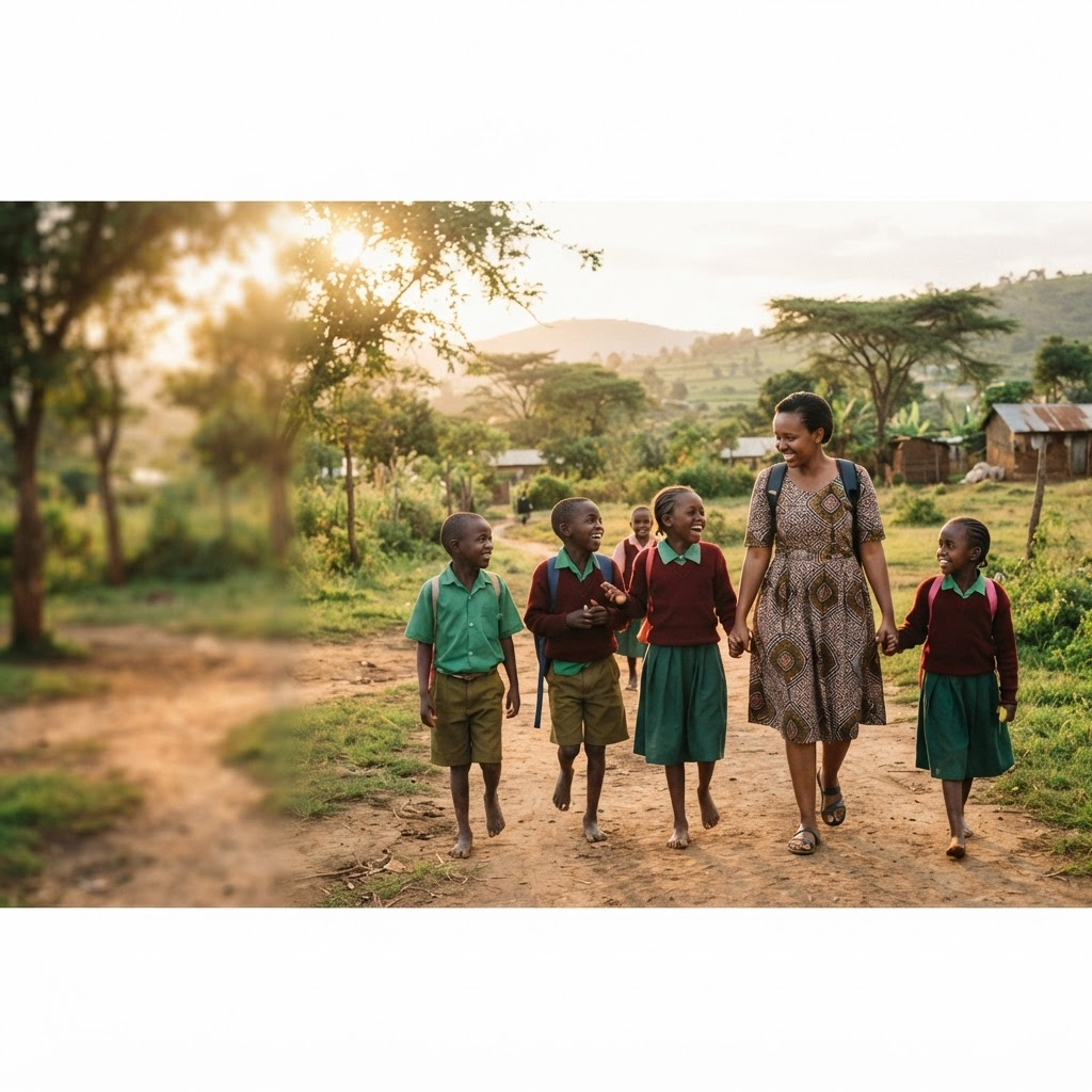 Children walking with a caring mentor in Kenya